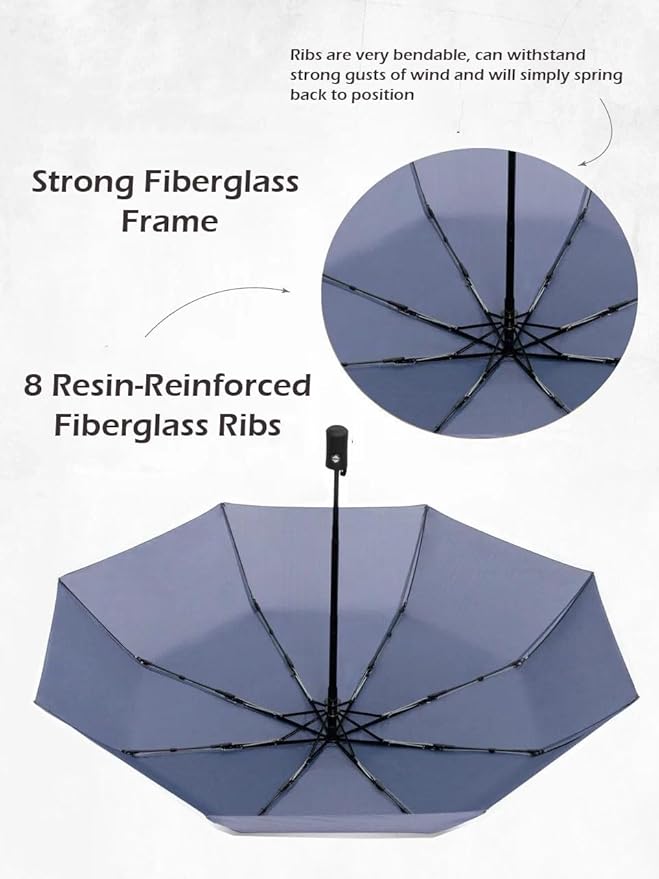 Windproof Travel Umbrella - Compact, Light, Full Automatic Open/Close - Folding Backpack Umbrella for Rain & Sun UV Preotection For Men & Women, Unbreakable 8 Fiberglass Ribs UK Design