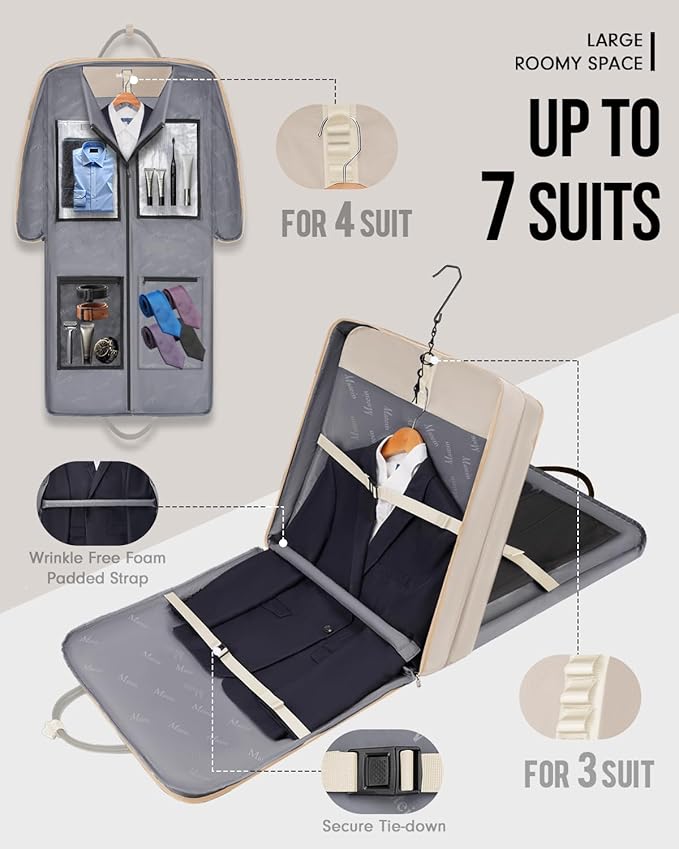 MATEIN Garment Bags for Travel for Women, Large Garment Bags for Hanging Clothes Up to 7 Suits, Business Convertible Travel Suit Carrier with Strap, Foldable Suitcase Luggage Fit 17.3" laptop, Beige