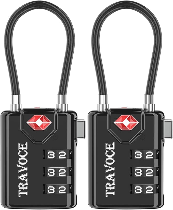 TRAVOCE TSA Approved Luggage Locks - Heavy Duty 3 Digit Combination Cable Lock, Search Alert for Suitcases, Backpacks, Golf Bags, Tents, Violin and Camera Cases, 2 Pack, Black