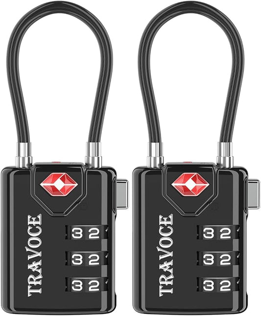 TRAVOCE TSA Approved Luggage Locks - Heavy Duty 3 Digit Combination Cable Lock, Search Alert for Suitcases, Backpacks, Golf Bags, Tents, Violin and Camera Cases, 2 Pack, Black