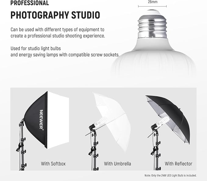 Neewer E26 24W LED Light Bulbs, 2 Packs, 2160 Lumens/5700K/CRI 93+/15000h Lifespan, Bright Video Photography Lighting, Silent/No Flicker/Non Dimmable 200W Incandescent Equivalent