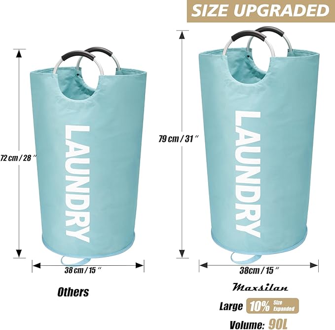 90L Large Laundry Basket, Freestanding Tall Clothes Hamper, Collapsible Laundry Bag, Light Blue