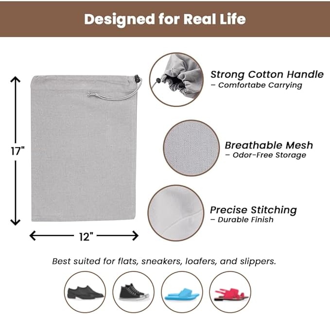 LFH Cotton Rich Shoe Storage Bags with Drawstring, Dustproof Breathable Reusable Organizer, Perfect For Travel, Dorm, Hotel, College, Gym, Easy to Carry, Machine Washable 12"x17" (Pack of 4) - Grey