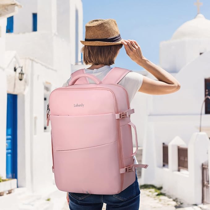 Lubardy Travel Backpack for Men Women 17 Inch Flight Approved Carry on Backpack Waterproof Large 40L Luggage Daypack Business College Weekender Overnight Laptop Backpack with 3 Packing Cubes, Pink