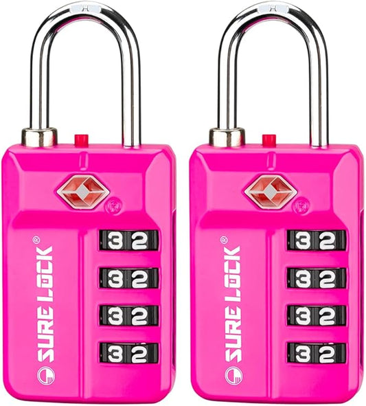 SURE LOCK TSA Approved 4-Digit Resettable Combination Luggage Locks with Open Alert, Easy-Read Dials - for Luggage, School Lockers, Gym, Office, Toolbox & Security Cases (Pink 2 Pack)