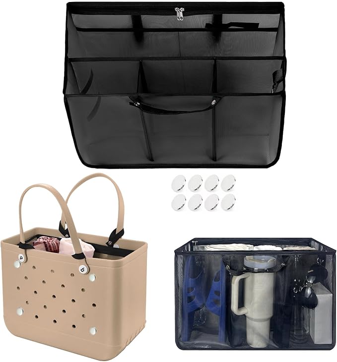 XYFuuee Beach Bag Organizer Inserts for Baby Medium Bogg Bag Accessories with 8 Removable Metal Fasteners, Lightweight Mesh Insert Divider Pouch, Organizing Rubber Tote, Save Storage Space, Black M