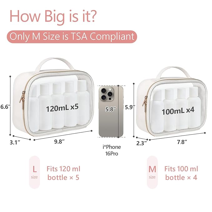 PACKISM Glitter Texture TSA Approved Toiletry Bag Set, Style Clear Makeup Bag with Handle, 1 TSA Medium & 1 Large for Travel, Gift for Women, White