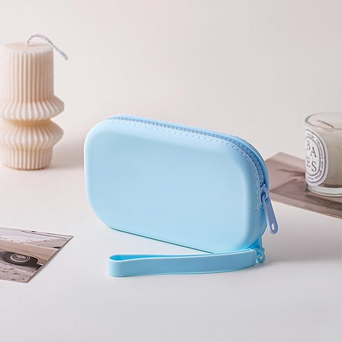 Small Silicone Multifunctional Essential Bag Portable Travel Makeup Bag for Women Men Cards Cash Bag Zipper Pouch (Light Blue)