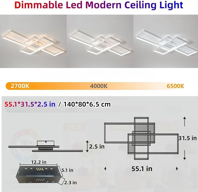 55″ 82W Modern Ceiling Light 3000-6500K Dimmable Kitchen Light Fixtures | Timer Night light Memory function Adjustable brightness color temperature Flush Mount Light Fixture remote control Bedroom