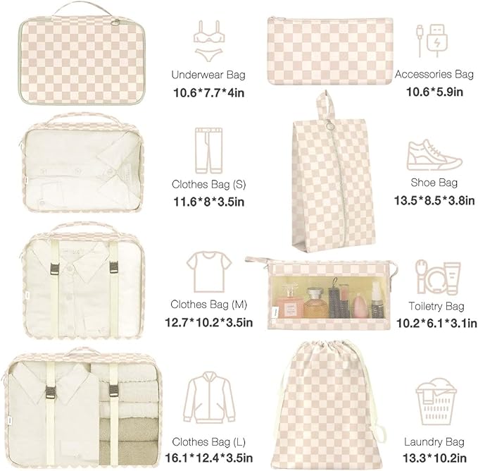 8 Set Packing Cubes for Suitcases,Packing Cube with Shoe, Cosmetics, Clothing, and Accessories Bags Packing Cubes for Travel Luggage Organizer Women Men(Khaki Grid-A)