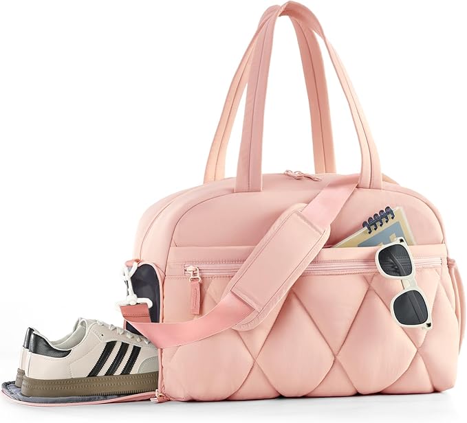 Gym Bag for Women, Puffer Travel Duffle Bag With Shoes Compartment & Wet Pocket, Carry On Tote Bag For Weekender, Overnight, Sport (Pink, Medium)