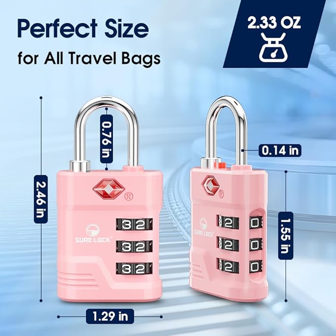 SURE LOCK TSA Approved Luggage Lock – 3-Digit Resettable Combination Padlock with Open Alert Red Dot, Large Easy-Read Dials for Suitcases, Backpacks, Gym & School Lockers(Pink 2 pk)
