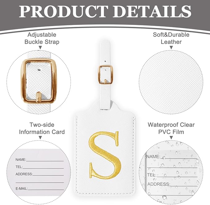 Personalized Initial Luggage Tags for Suitcases,Leather Letter Cute Luggage Tags with Privacy Name Card,Embroidered Monogrammed Travel Bag Backpack Tag Gifts for Women Kids Girls Teens(White-S)