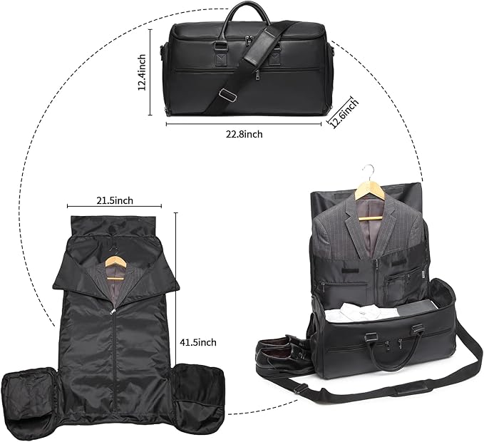 seyfocnia Carry On Garment Bag for Travel, Convertible Travel Garment Bag for Men Women, 2 in 1 Hanging Suitcase Suit Business Travel Bag, Black