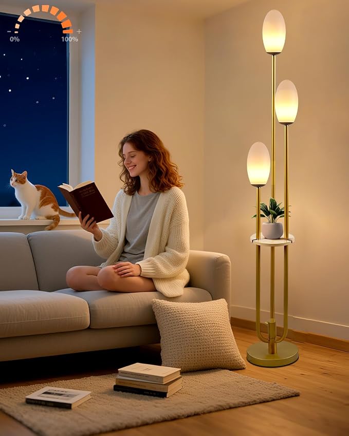 Lightdot Gold Floor Lamp Dimmable with Table, Tall Standing Lamps with 3-Oval LED Warm White Bulbs Included, Mid Century Modern Floor Lamp with 5Lbs Heavy Base for Living Room/Sofa Beside/Corner Decor