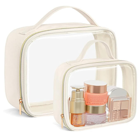 PACKISM Clear Makeup Bag Combo Pack, 1 TSA Approved Medium & Large for Checked Luggage, Clear Toiletry Bag with Handle, Water-resistant Travel Essentials Organizer, Creamy Off-White