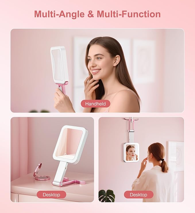Travel Makeup Mirror with Lights 10X/1X Double-Sided Magnifying LED Beauty Mirror Rechargeable Portable Vanity Mirror with 3 Color Lighting Smart Touch Dimming Desktop Handheld Hanging