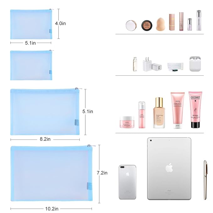 EASYFUN Mesh Pouch, Make up Bag with Zipper Cosmetic Organizer Pouch for Daily or Travel to Keep Small Items, 4 PCS Blue