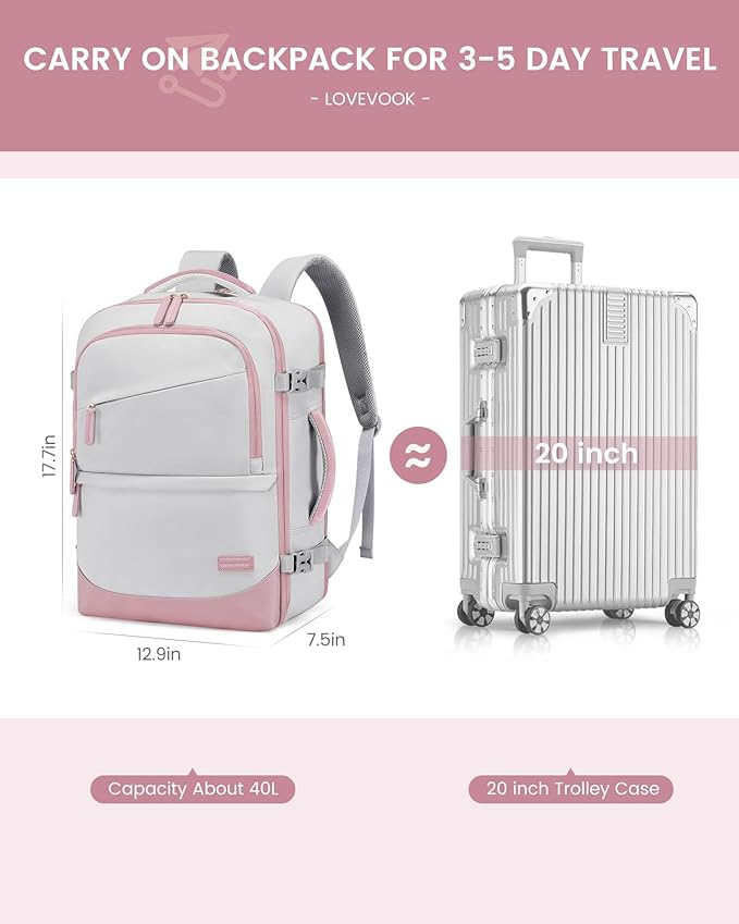 LOVEVOOK Travel Backpack for Women & Men, 40L Carry on Backpack Airline Approved, Large TSA Personal Item Travel Bag fits 17.3" Laptop, Business Weekender Bag for Essentials, 4Pcs