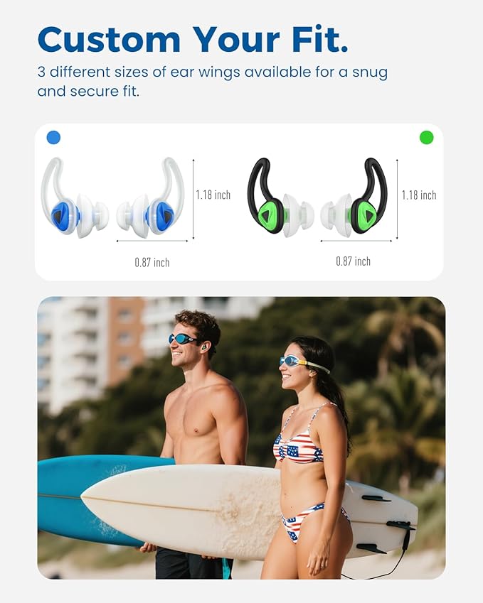 Ear Plugs for Swimming–2 Pairs Soft Silicone Reusable Waterproof Earplugs for Adults & Men Women, Custom Fit for Swimmers Ear, Pool, Beach, Snorkeling, Surfing, Kickboard Training(Blue&Green)