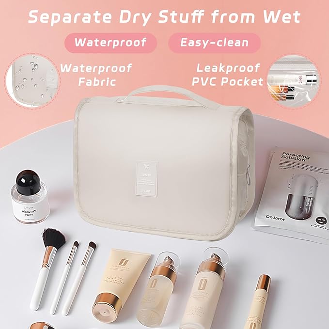 Toiletry Bag Travel Bag with Hanging Hook, Waterproof Capacity Hanging Multifunctional Makeup Bag for Toiletries, Portable Cosmetic Bag Travel Organizer for Women and Men(Beige)