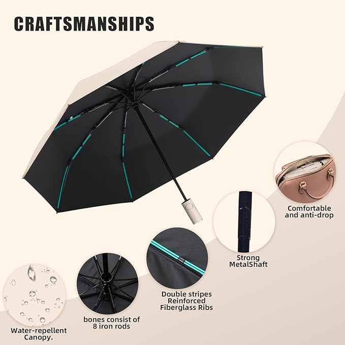 Compact Automatic Folding Travel Umbrella-Windproof Rainproof, PF50+ Sun Protection for Hiking,Outdoor,Chool,Golf Course & Daily Use,Sturdy Multi-Ribbed Frame