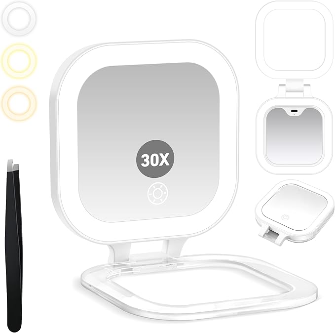 GOMIPURU Travel Mirror with Light, Compact Mirrors, 1x/30x Magnifying Mirror with 3 Color Lights and Adjustable Brightness, 4.5x3.9 inch Small Compact Hangable Hand Pocket Mirrors, Comes with Tweezer