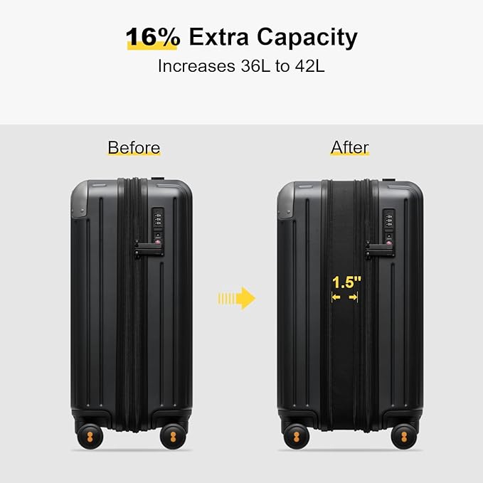 LEVEL8 Carry on Luggage Airline Approved, Hardshell Suitcases with Spinner Wheels, PC Expandable Luggage, 20 Inch, Black