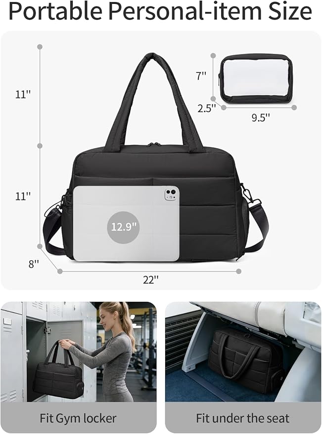 Gitus Carry On Duffle Gym Bag for Women Puffer Weekender Overnight Duffel Bag for Travel with Clear Toiletry Pouch Sport Yoga Fitness Essentials Gifts (Black)