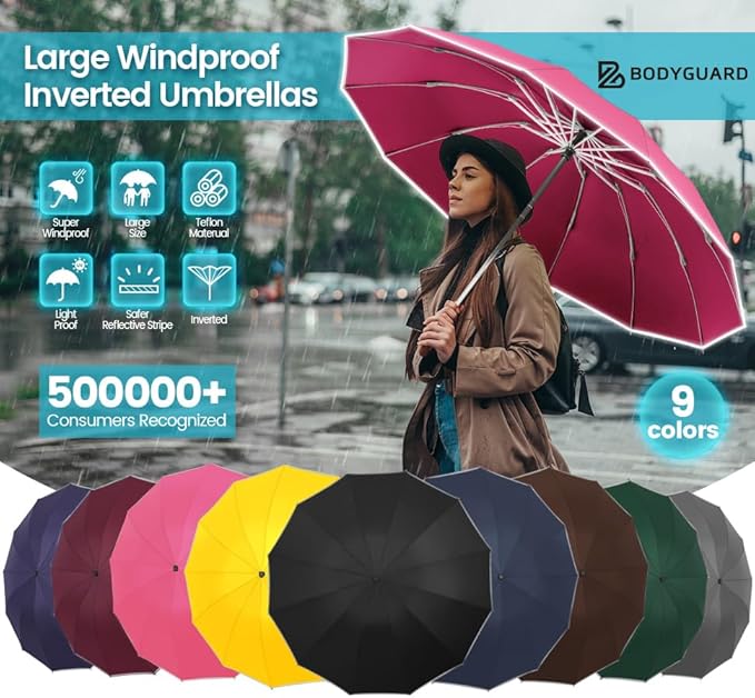 Bodyguard Inverted Umbrella - Large Windproof for Rain & Sun, Compact Reverse With Reflective Stripe, Teflon-Coated for Women Men, Travel Folding With Cover Bag