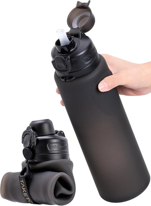 TakeToday Collapsible Water Bottles 32oz, Foldable Travel Bottle, TSA-Approved Leakproof Newly Silicone Water Bottle for Hiking, Travel, Outdoors, Black