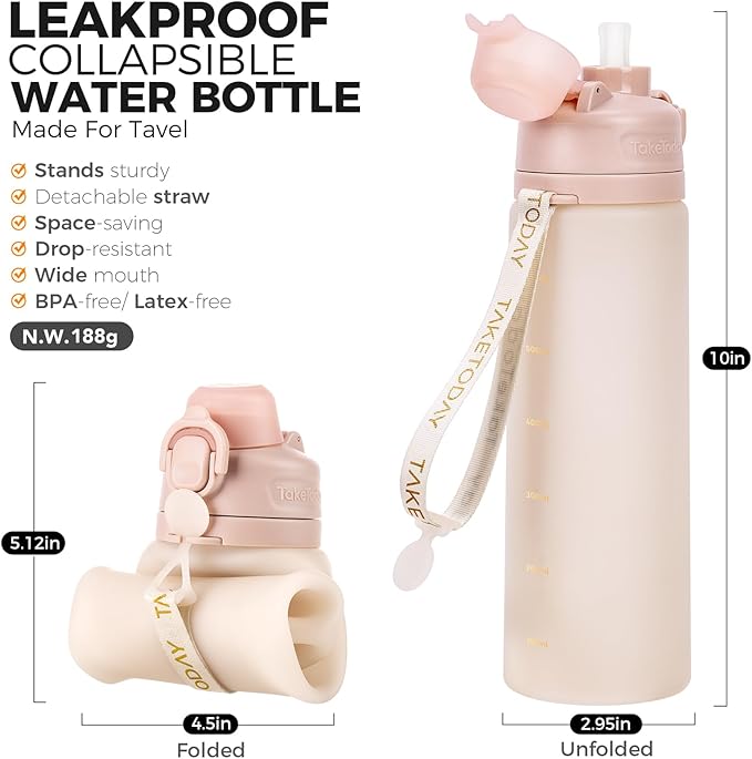 TakeToday Collapsible Water Bottles 21oz (600mL), Foldable Platinum Silicone Travel Water Bottle with Straw & Carry Strap, Leak-Resistant Screw Lid, Wide Mouth, BPA-Free for Hiking, Camping, Travel