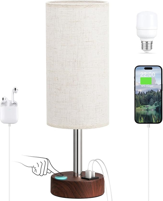 Dicoool Bedside Table Lamp for Bedroom - 3-Way Dimmable Touch Lamp, USB A+C | LED Bulb Included, 14" Small Nightstand Lamp for Desk, Living Room, Guest Room, Cream Fabric Lampshade, Redwood Metal Base