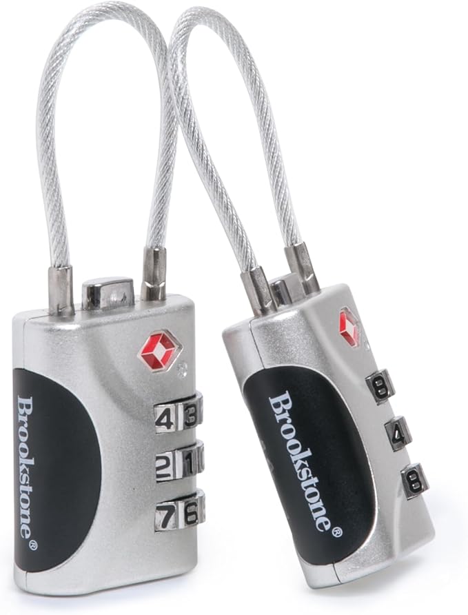 Brookstone Cable Lock - 2 Pack TSA-Approved 3-Digit Keyless Luggage Travel Lock - Resettable Combination Wire Padlock, Silver