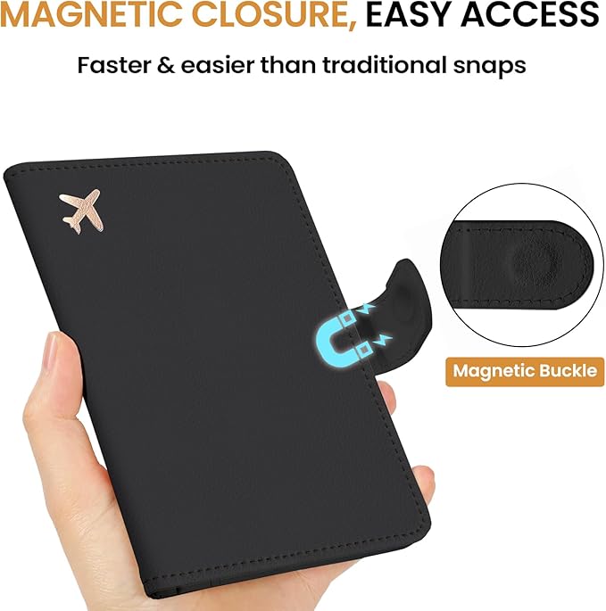 Passport Holder for Travel Essentials, RFID Blocking Leather Cover Wallet with Magnetic Closure, Aesthetic & Cute Passport Book Case for Women and Men - Black