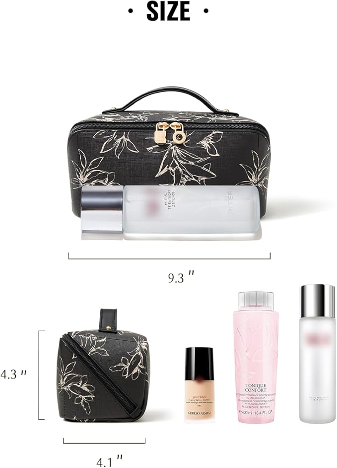 EACHY Travel Makeup Bag, Large Capacity Cosmetic Bags for Women, Waterproof Portable Pouch Open Flat Toiletry Bag Pattern Make up Bag (F-Black)