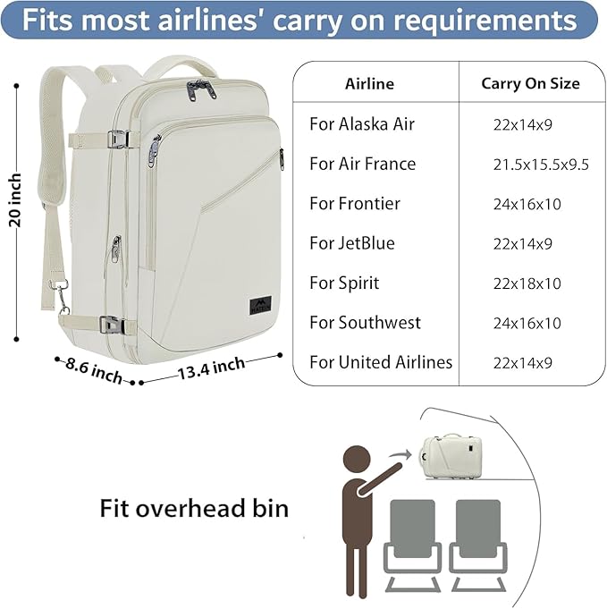 MATEIN Large Backpack for Travel Flight Approved, 45L Carry on Backpack with Padded Shoulder Straps for Adult, Men, Women, Expandable Daypack for Clothes, Travel Essentials, Beige