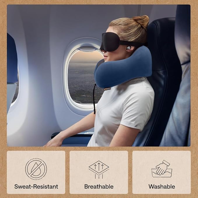 GORILLA GRIP Adjustable Travel Neck Pillow for Airplanes, CertiPUR-US® Memory Foam, Soft Velvet, Cooling Mesh Pillows, Support Headrest for Sleeping, Traveling Essentials Flight Accessories Navy Blue
