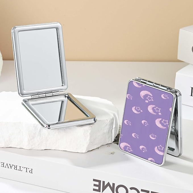 Pocket Mirror, Small Travel Mirror with Magnification, Portable Double-Sided Magnifying Cosmetic Mirror for Daily (Purple Moon)