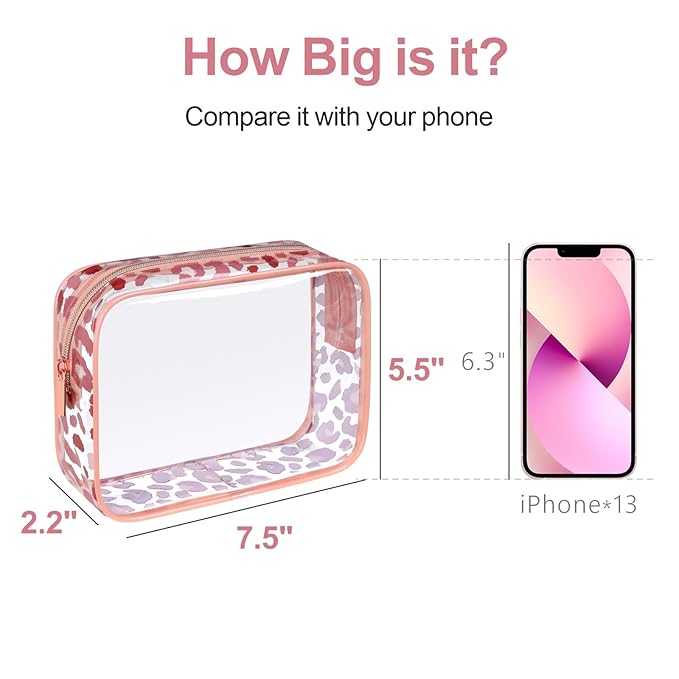 F-color TSA Approved Toiletry Bag 3 Pack Medium - Clear Makeup Bag Travel Quart Size for Women Men, Clear Cosmetic Bag Airport Airline Compliant Carry on Bag, Leopard Print