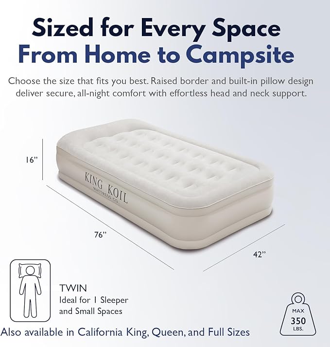 King Koil Luxury Twin Air Mattress with Built-in High Speed Pump for Camping, Home & Guests - Twin Size Double High Airbed Luxury Inflatable Blow Up Mattress Waterproof