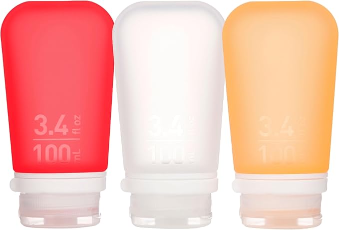 humangear GoToob+ Refillable Silicone Travel Size Bottles with Locking Cap, 3pk Set, Clear/Red/Orange, Large (3.4oz),HG3188