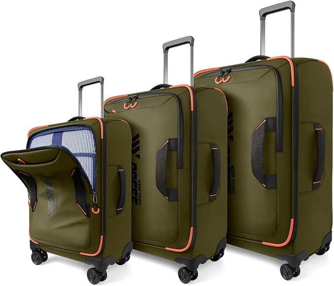 3-Piece Softside Upright Luggage Set with Front Open Pocket, Lightweight and Waterproof Durable Suitcase Sets Double Spinner Wheels（Green, 22in/26in/30in）