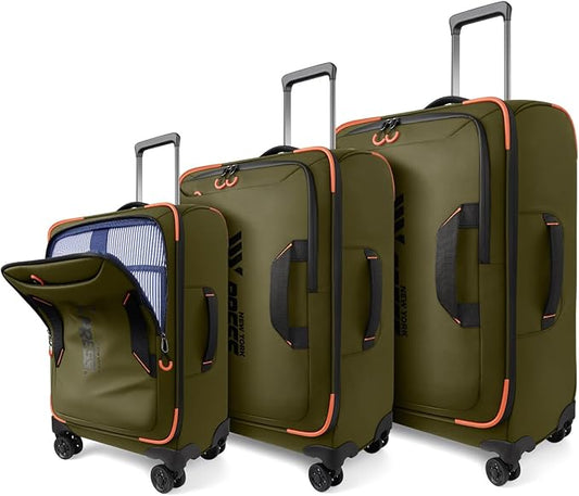 3-Piece Softside Upright Luggage Set with Front Open Pocket, Lightweight and Waterproof Durable Suitcase Sets Double Spinner Wheels（Green, 22in/26in/30in）