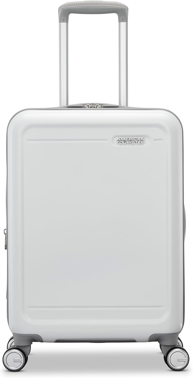 American Tourister Fathead Carry-On Luggage - Airline Approved - Customize with Sports or Character Decal - Durable Hardshell with 1.5" Expansion - 360° Spinner Wheels - RightHeight™ Handle - White