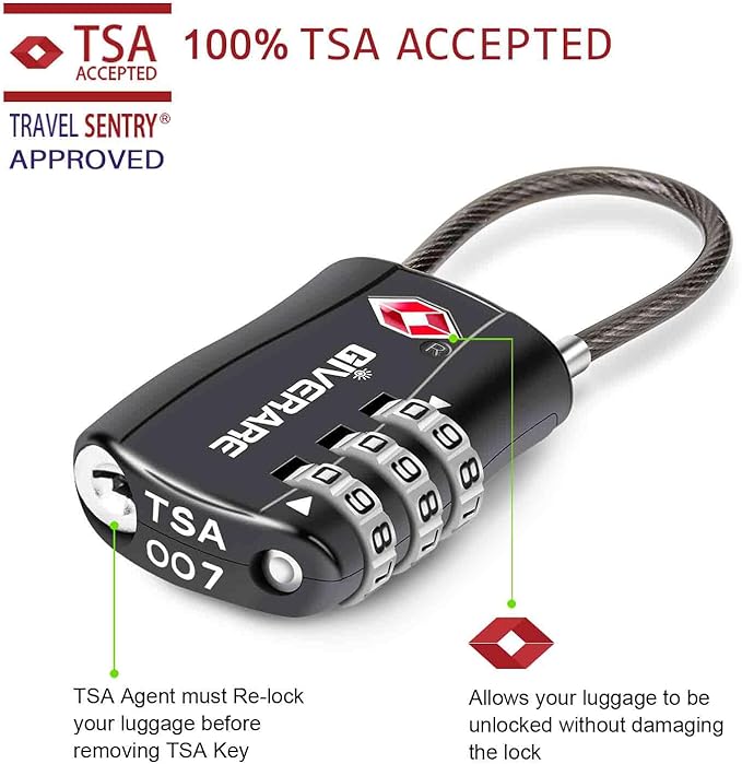 GIVERARE 4 Pack TSA Approved Luggage Locks, Combination Travel Cable Lock, Re-settable 3-Digit Padlocks with Alloy Body, Keyless TSA Padlock for Gym Locker, Golf Bag Case-Black