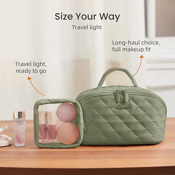 LOVEVOOK Travel Makeup Bag for Women, 2Pcs Puffer Waterproof Cosmetic Organizer, Large Capacity Pouch Open Flat Small Toiletry Bag with Brush Compartment & Handle (Green, Medium)