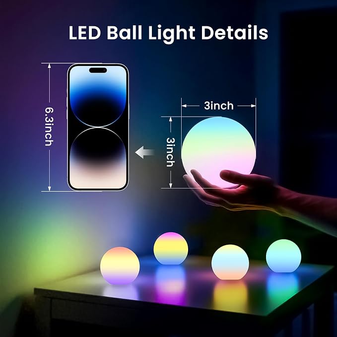 LOFTEK 3-inch Rechargeable LED Ball Lights, Sphere Night Light, 18 Modes RGB Color Glowing Mood Lighting, IP65 Waterproof Ambient Light for Home Bedroom Patio Pool Bathtub Decorative Lighting, 1 Pack