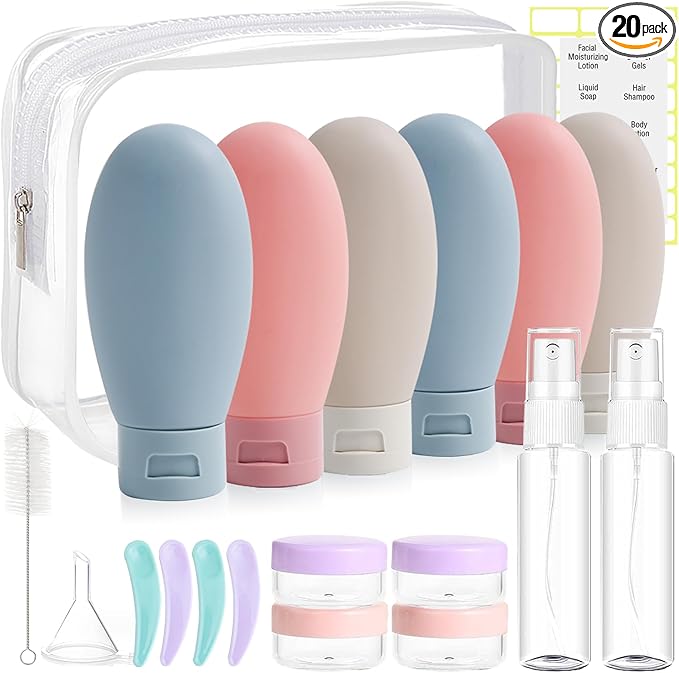 20 Pack Travel Bottles Set for Toiletries, TSA Approved Leak Proof Travel Size Containers Kit Portable Refillable Travel Accessories for Shampoo Conditioner Lotion Liquids (Multicolor A)