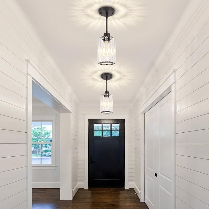 Black Pendant Lighting Over Island, Modern Kitchen Light Fixtures | 1 Pack Adjustable Hanging Lamp Crystal Pendant Lights for Dining Room Hallway Entryway Bathroom Above Sink